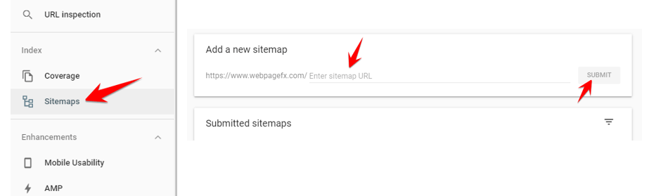 Screenshot of where to submit a sitemap