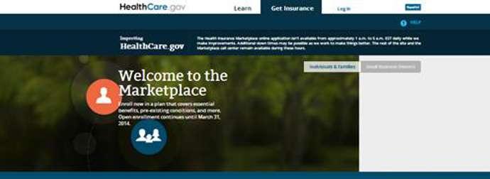 Screenshot of the HealthCare.gov homepage with navigation options and a welcome message for the Marketplace, noting that open enrollment continues until March 31, 2014.