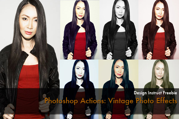 Multiple edited versions of a photograph of a woman in a red top and black leather jacket, showcasing various vintage photo effects applied through Photoshop actions.