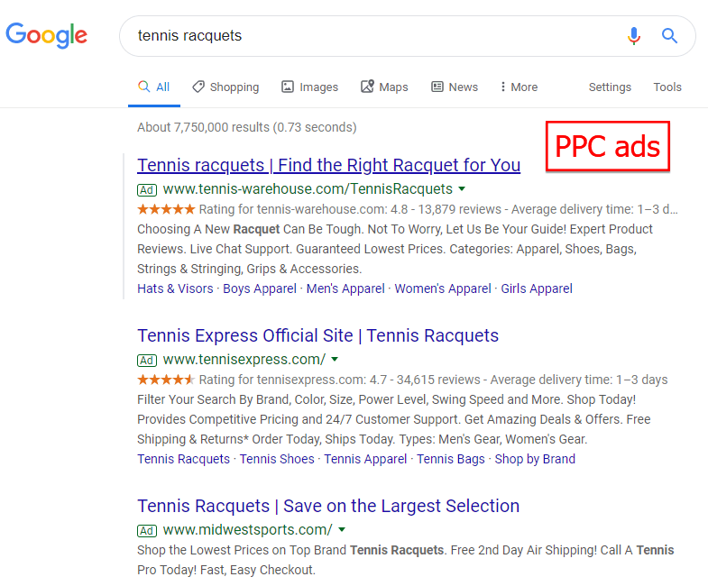 PPC ads for the search query "tennis racquets"