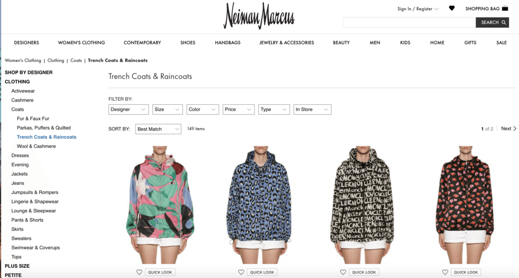 Screenshot of Neiman Marcus online store displaying a selection of women's trench coats and raincoats with various patterns, alongside website navigation and filtering options.