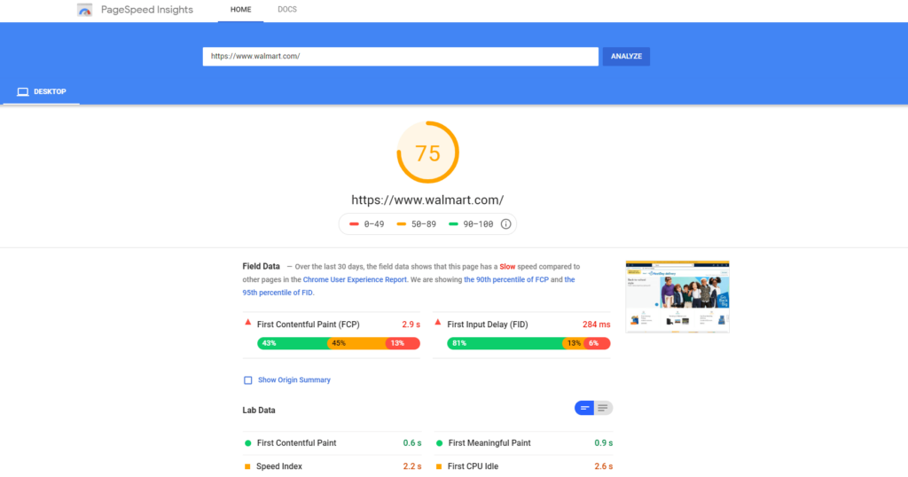 Google PageSpeed Insights results