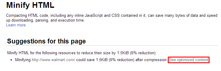 PageSpeed Insights Minify HTML