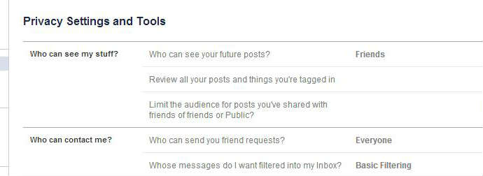 Screenshot of social media privacy settings with options for who can see future posts set to 'Friends', who can send friend requests set to 'Everyone', and message filtering set to 'Basic Filtering'.