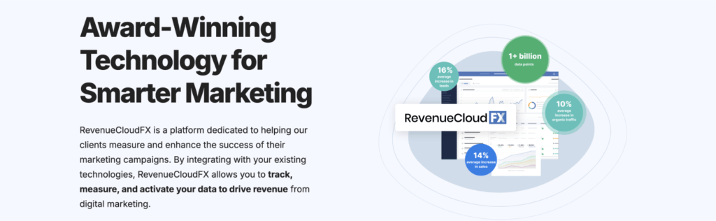 Web page header for RevenueCloudFX with the tagline 'Industry-leading technology powering digital strategy' and buttons for 'VIEW PRICING' and 'LOGIN' over a blurred abstract network of ropes or cables.