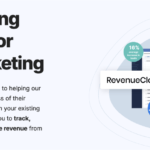 Web page header for RevenueCloudFX with the tagline 'Industry-leading technology powering digital strategy' and buttons for 'VIEW PRICING' and 'LOGIN' over a blurred abstract network of ropes or cables.