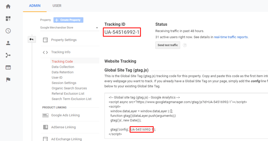 Screenshot of Google Analytics Tracking Code and ID Full width