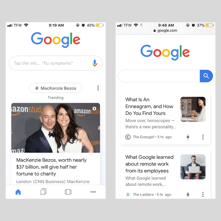 Screenshot of Google Discover App and Mobile Site Full width