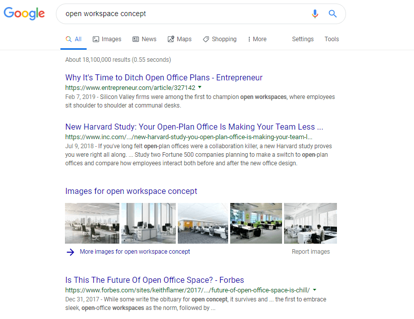 SERP for "open workspace concept" Google search