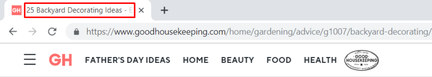 Example of a page's title tag in the tab at the top of a page