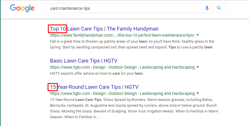 Example of using numbers to signal lists in title tags