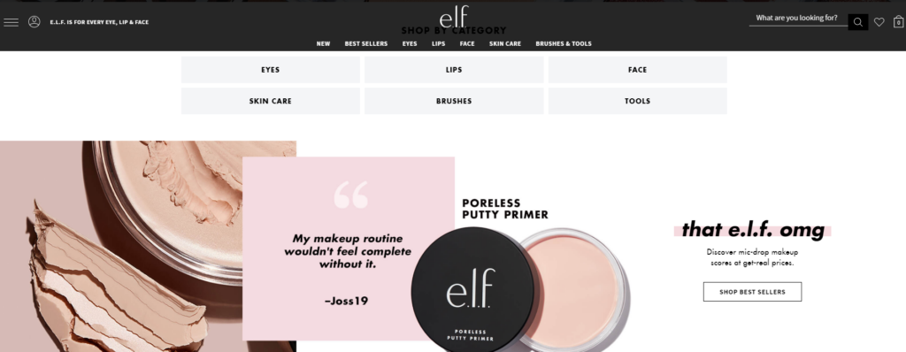 Screenshot of e.l.f. Cosmetics online store featuring PORELESS PUTTY PRIMER, a customer testimonial by Joss19, and a call to action to shop best sellers.