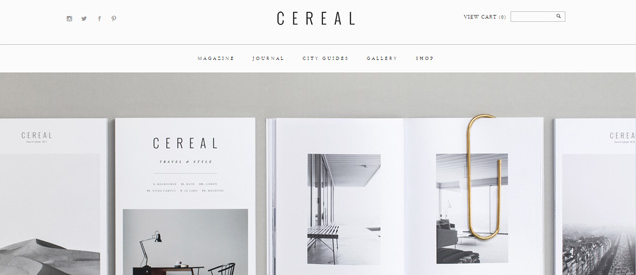 Screenshot of the Cereal magazine website header with navigation links and social media icons, displaying minimalist magazine covers with the Cereal logo.