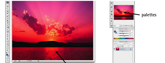 Screenshot of a photo editing software interface with a vibrant sunset image being adjusted using color and level sliders in the palettes section.