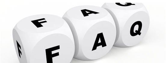 Three white dice with letters spelling 'FAQ' for 'Frequently Asked Questions'.