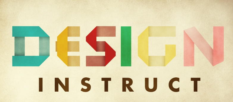 Stylized text 'DESIGN INSTRUCT' with each letter in a unique color and geometric shapes overlay, on a textured paper-like background.