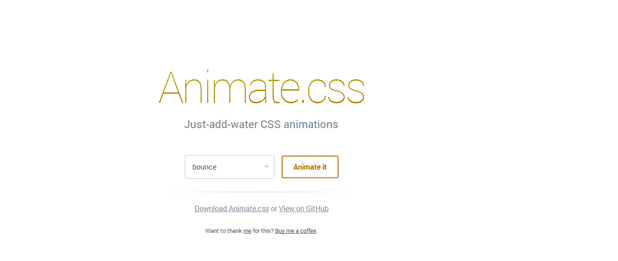 Webpage header for Animate.css featuring a title, tagline, dropdown menu for animation options, 'Animate it' button, and links to download the CSS file and view on GitHub, with an invitation to buy a coffee as thanks.