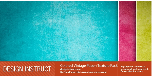 Digital graphic of a Colored Vintage Paper Texture Pack with four vertical panels in teal, blue, red, and yellow, and a brown banner with details about the design resource.