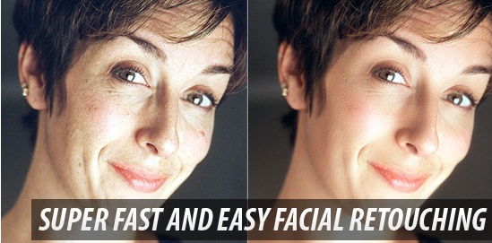 Before and after photos of a woman's face demonstrating facial retouching. The left photo shows the woman with natural skin, including imperfections, while the right photo shows her with smooth, retouched skin. Text overlay reads 'SUPER FAST AND EASY FACIAL RETOUCHING.'