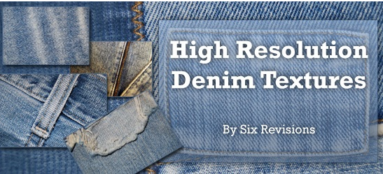 A collage of high-resolution denim textures in various shades of blue with seams and frayed details, accompanied by text stating 'High Resolution Denim Textures By Six Revisions.'