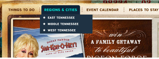 Website navigation menu highlighting regions and cities in Tennessee with options for East, Middle, and West Tennessee. Adjacent to the menu is an ad for Dolly Parton's Smoky Mountain Adventures and a promotion to win a family getaway to Pigeon Forge.