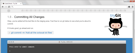 Screenshot of a Git tutorial webpage with a section titled '1.8 Committing All Changes' explaining how to commit changes in Git. The page shows a command prompt with the instruction to run 'git commit -m 'Add all the octocat txt files'' and features an illustration of the GitHub mascot, Octocat, on the right side.