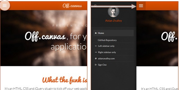 Split-screen comparison of a mobile application interface showing the main screen on the left and an expanded off-canvas menu on the right with profile and navigation options.