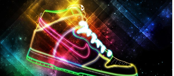 Neon-lit outline of a high-top sneaker with a cosmic background in vibrant colors.