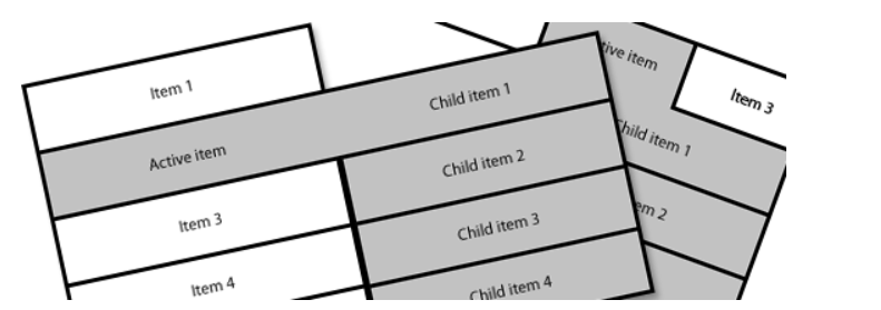 Stylized diagram of a user interface with a main menu including 'Item 1,' a highlighted 'Active item,' and 'Item 3.' An expanded sub-menu shows 'Child item 1' to 'Child item 4' connected to the 'Active item.'