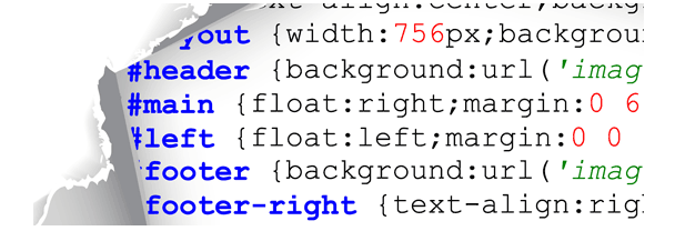 A snippet of CSS code with selectors for layout, header, main content, left section, footer, and footer alignment, displayed over a stylized graphic background.