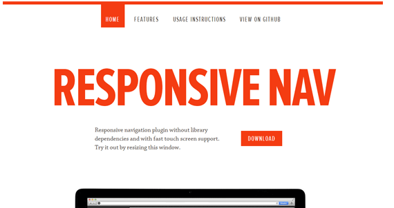 Screenshot of a webpage featuring 'RESPONSIVE NAV' as a title, with a navigation bar and a description of a responsive navigation plugin, including a download button.