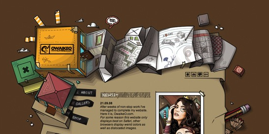 Illustrated website layout with a creative desk theme featuring a retro TV displaying 'AWAKE', various unfolded papers for website sections, an illustrated portrait of a woman, and artistic items scattered around.