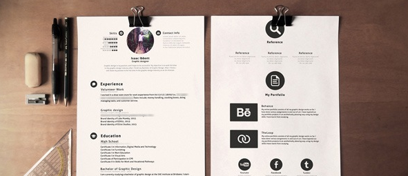 A creative resume and reference sheet clipped to a clipboard on a wooden surface, featuring sections for personal information, experience, education, references, and social media links.