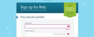 Screenshot of a 'Sign up for Meh' web page with fields to enter a portfolio title and address, promoting a free online portfolio service.