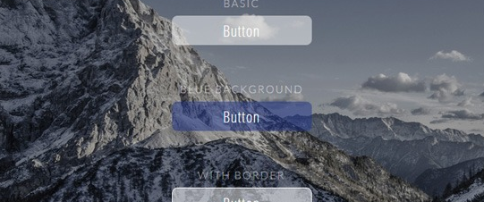 Three styled buttons labeled 'Button' displayed over a mountain landscape background, including a basic button, a button with a blue background, and a button with a border.