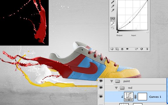 A colorful sneaker in the center of a Photoshop interface with dynamic paint splashes around it, indicating a work in progress on graphic design software.