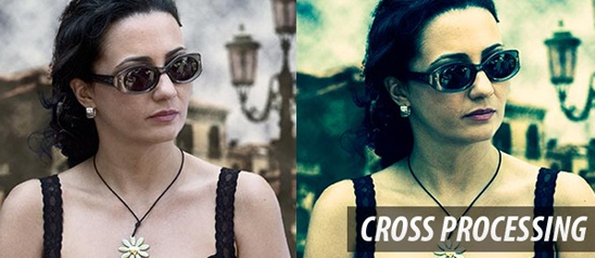 Side-by-side comparison of two photographs of a woman wearing sunglasses; the left photo is normal, and the right photo has a cross-processing effect with a greenish tint and higher contrast.