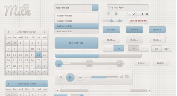 Screenshot of a user interface design theme named 'Milk' with various UI elements including text fields, buttons, toggle switches, sliders, a calendar view, and media player controls, all in a light blue and gray color scheme.