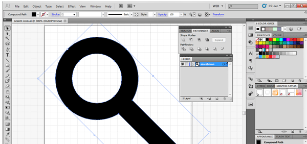 Screenshot of Adobe Illustrator interface with a vector graphic of a magnifying glass in progress, showing the use of the Pathfinder tool and various panels like Layers, Swatches, and Color.