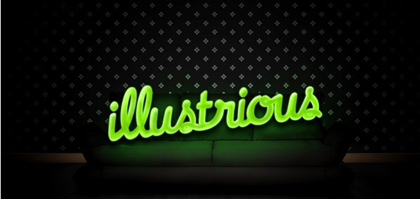 Neon sign with the word 'illustrious' in glowing green cursive above a dark couch, against a patterned wall.