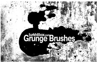 A black ink blot on a white grunge textured background with the words 'turkhitbox.com Grunge Brushes' overlaid on the bottom.