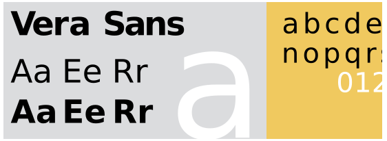 Sample of the Vera Sans typeface showing the letters 'Aa Ee Rr' in two sizes on the left, and a series of lowercase letters and numbers 'abcde nopqr 012' on a yellow background on the right.