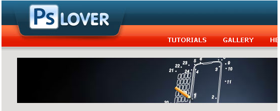 Website header for 'Ps LOVER' with navigation menu items for tutorials, gallery, and help, and a partial view of a graphical tutorial or step-by-step guide.