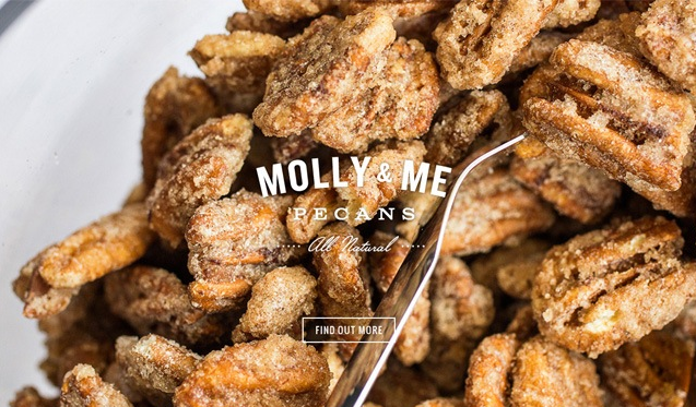 Close-up of candied pecans in a bowl with the text 'MOLLY & ME PECANS All Natural' and a 'FIND OUT MORE' button.