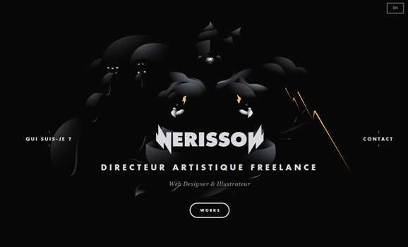 Artistic graphic with abstract shapes and the name 'NERISSON' in the center, followed by 'DIRECTEUR ARTISTIQUE FREELANCE Web Designer & Illustrateur'. A 'WORKS' button is at the bottom, and a language selection option 'EN' is at the top right.