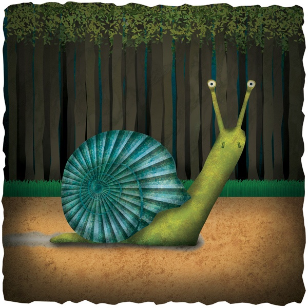 Illustration of a snail with an ammonite fossil-like shell in a dark forest setting.