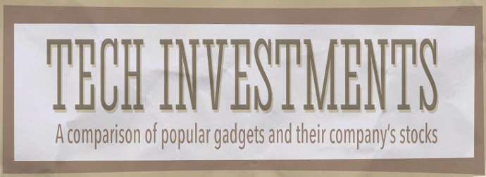 Banner with the title 'TECH INVESTMENTS' and subtitle 'A comparison of popular gadgets and their company's stocks'.