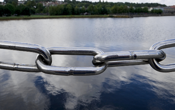 Close-up of a metal chain with a blurred water body and greenery in the background.