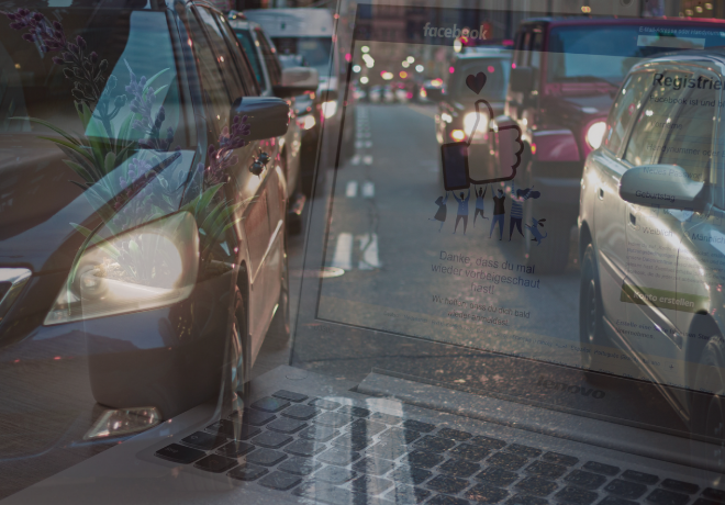 Street scene with traffic jam reflected on a glass pane with social media graphics and German text overlay.