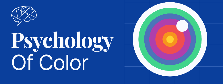 Graphic with the title 'Psychology Of Color' on a dark blue background, featuring a target-like symbol with concentric circles in colors red, orange, yellow, green, light blue, dark blue, and purple, representing a color wheel.